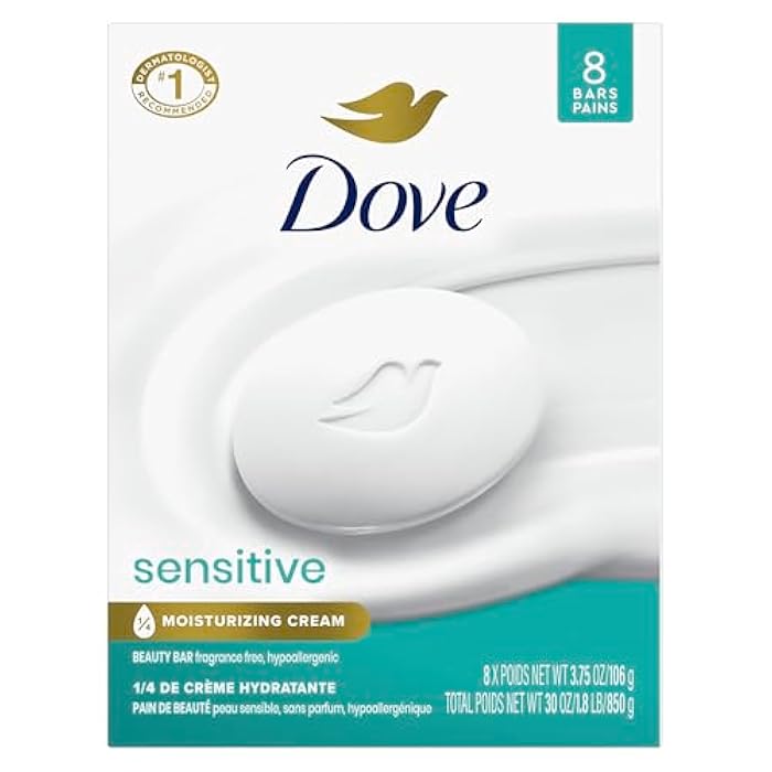 Dove Beauty Bar Soap Sensitive, 8 Bars for Sensitive Skin, Fragrance Free and Hypoallergenic 3.75 oz - Image 1